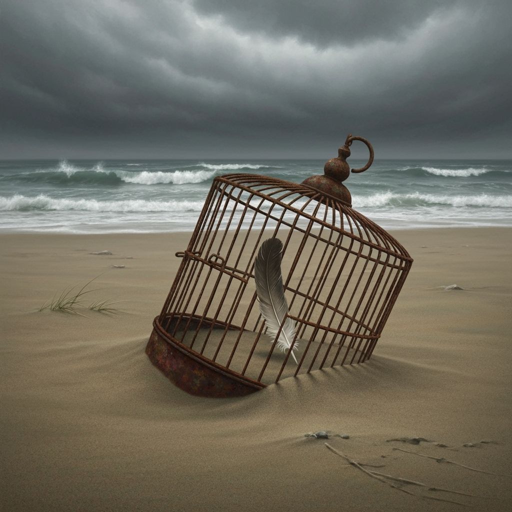 Moody Oil Painting of Abandoned Birdcage on Windswept Beach