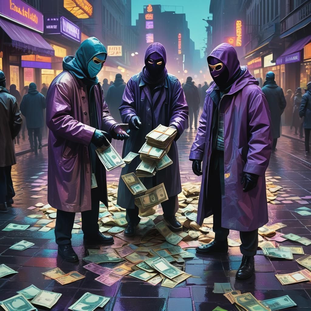 Masked Figures Exchange Money in Surreal City Square