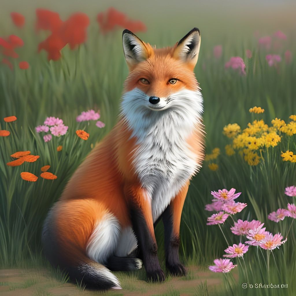 Realistic Fox Among Flowers
