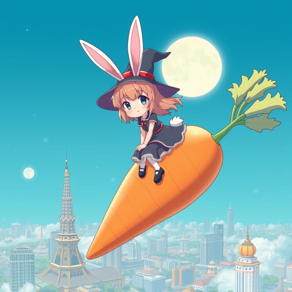 Charming Anime Witch Soars Over Bangkok on a Majestic Flying...