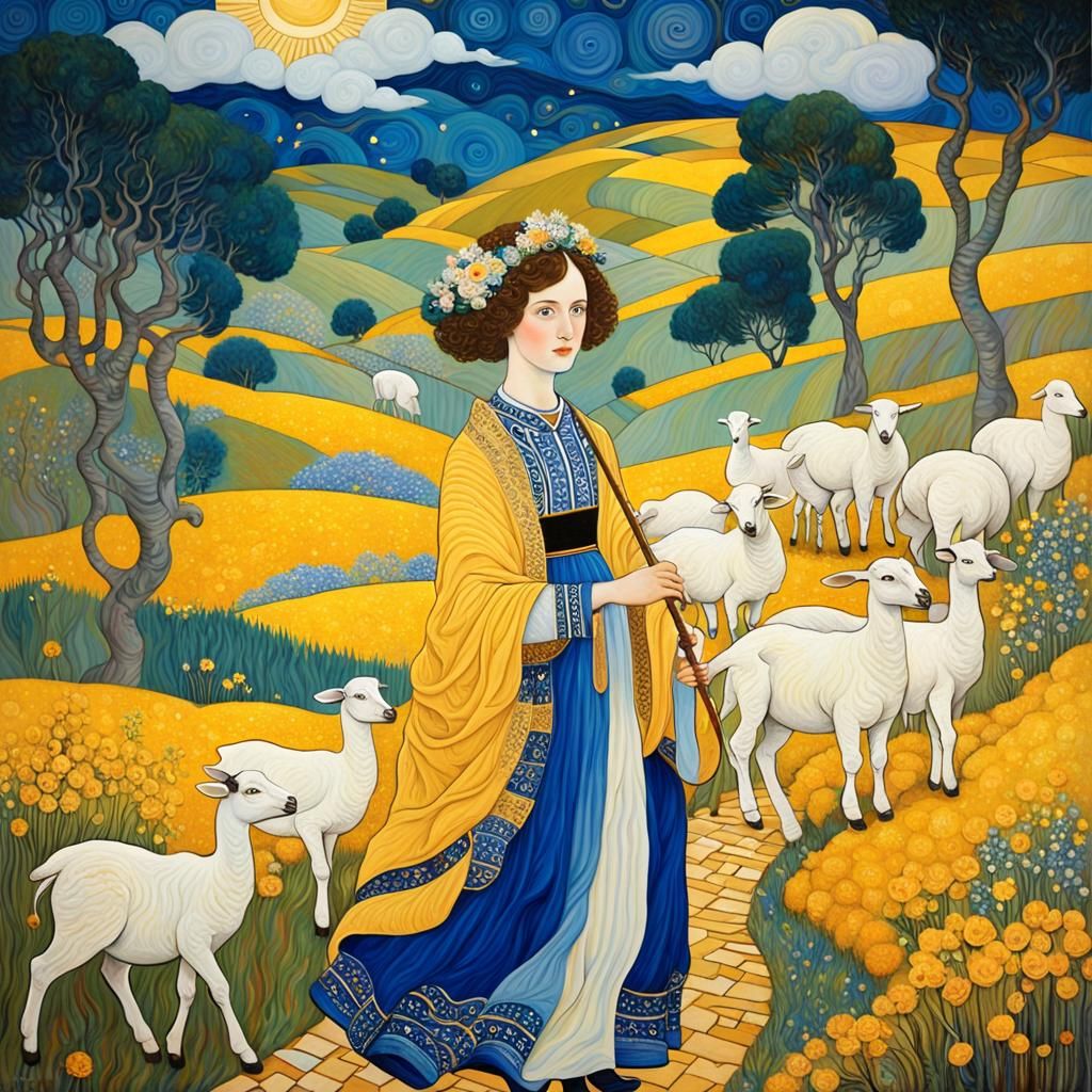Mary and Lambs: A Gustav Klimt Inspired Portrait