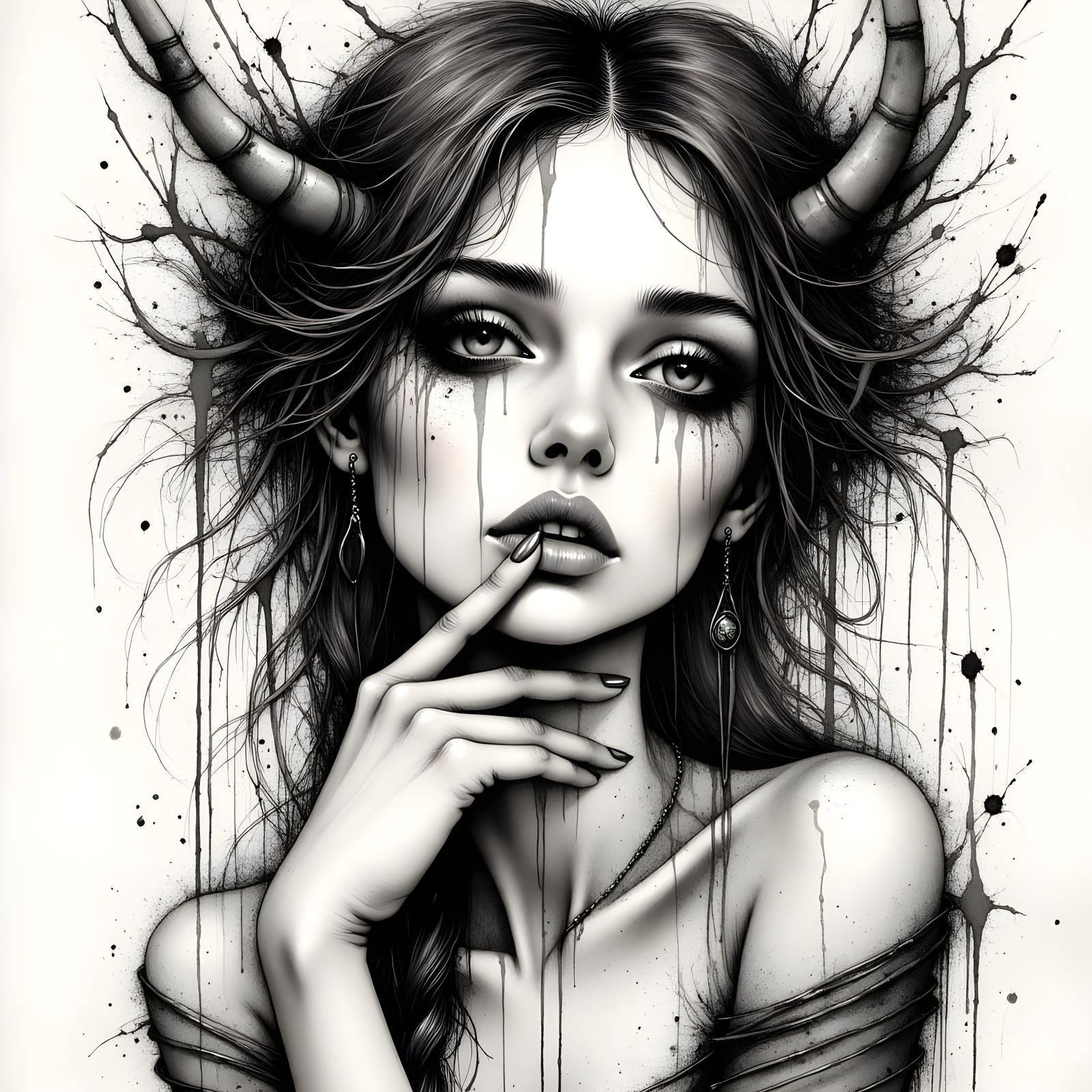 Norse Goddess with Playful Shy Expression in Charcoal Ink Dr...