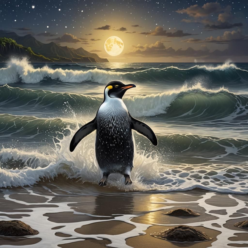 Cute Penguin Swimming Under a Starry Sky