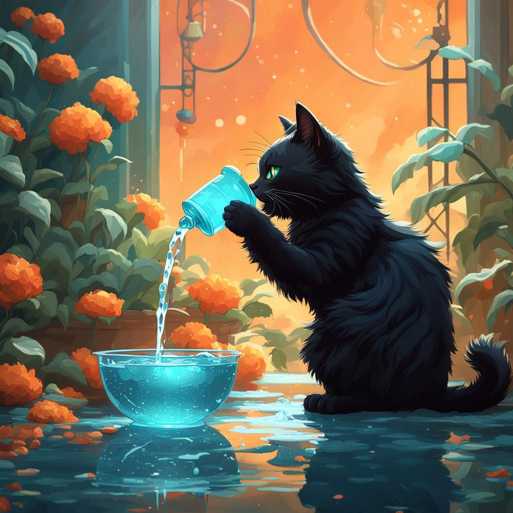Fluffy Black Cat Drinking: 8K Resolution Concept Art