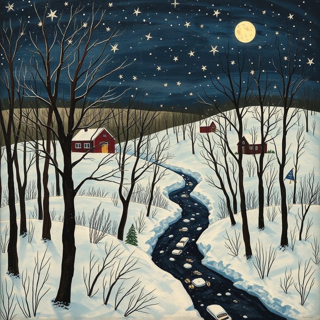 Dreamlike Winter Landscape in Naive Art Style