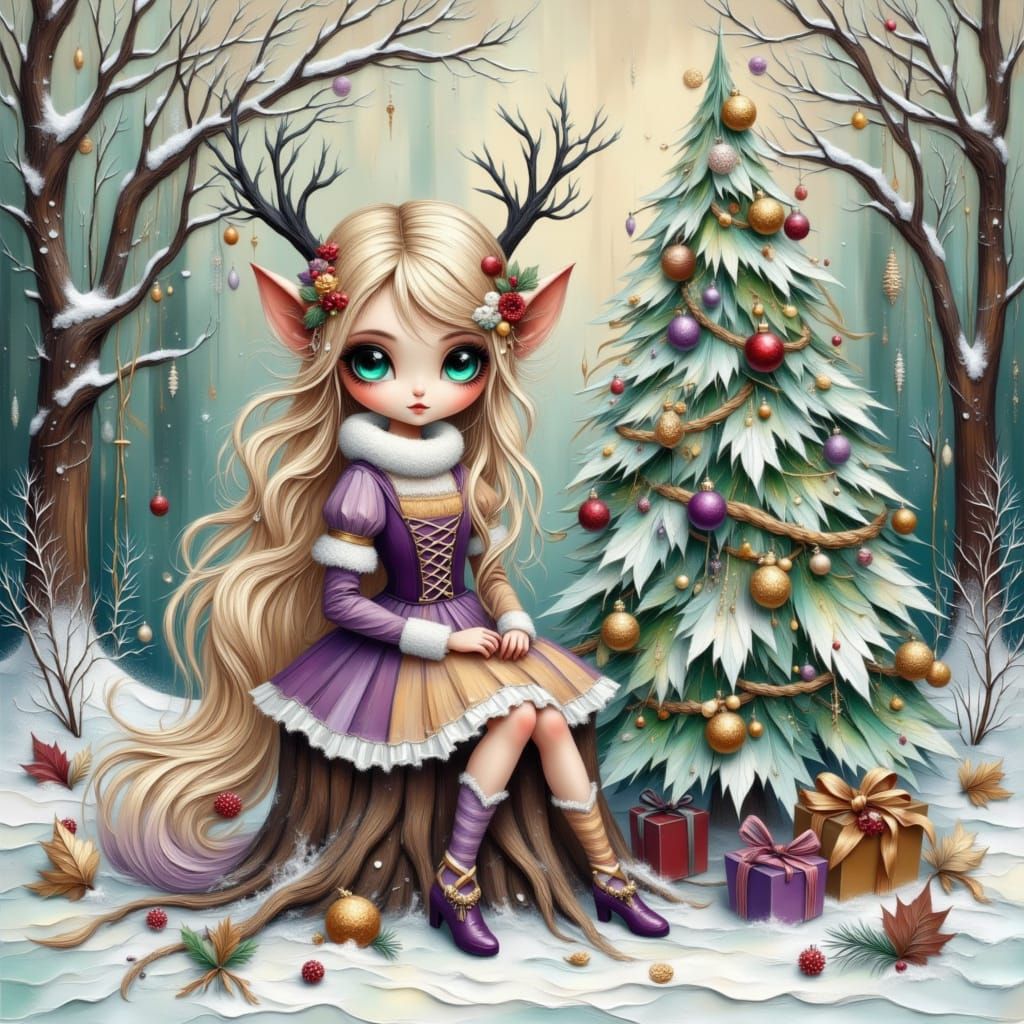 Whimsical Elf in Snowy Woodland with Xmas Tree