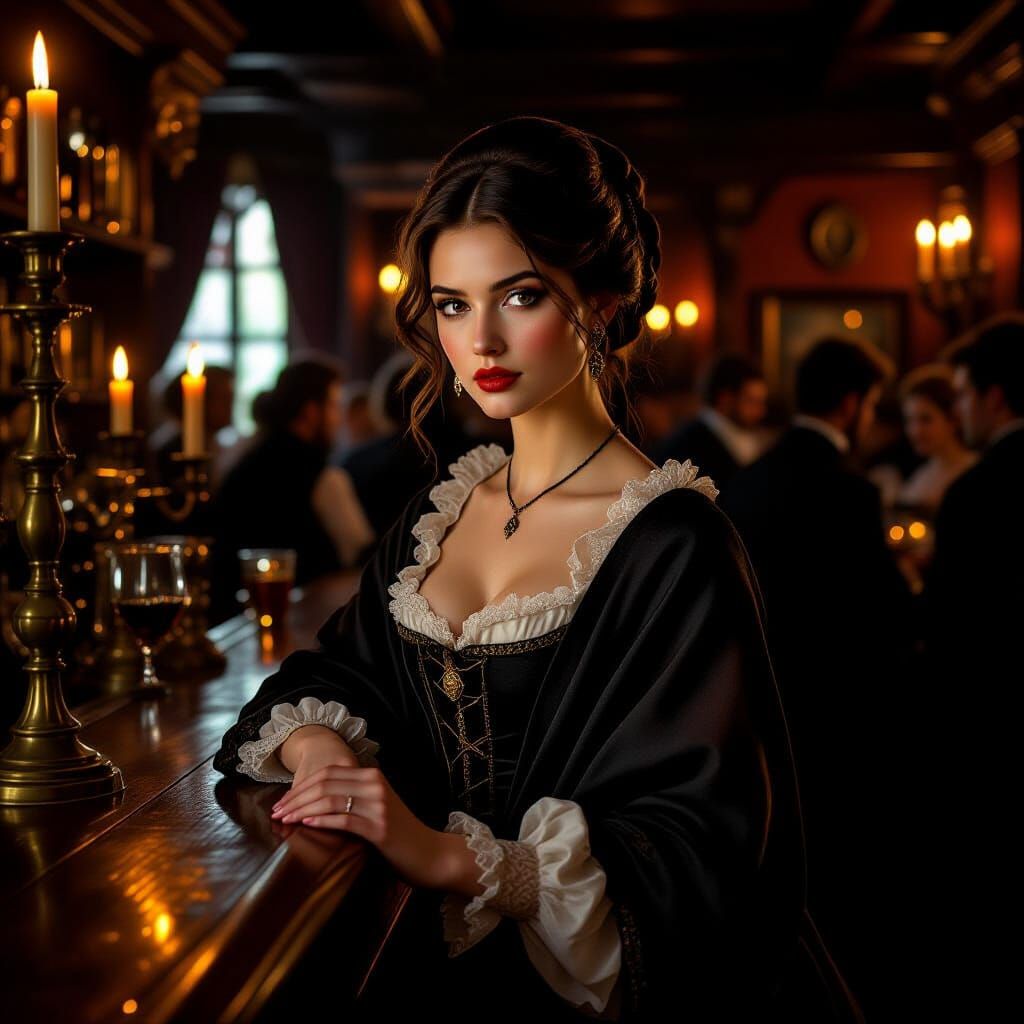 Victorian Woman in Candlelit Tavern, Dutch Golden Age Style