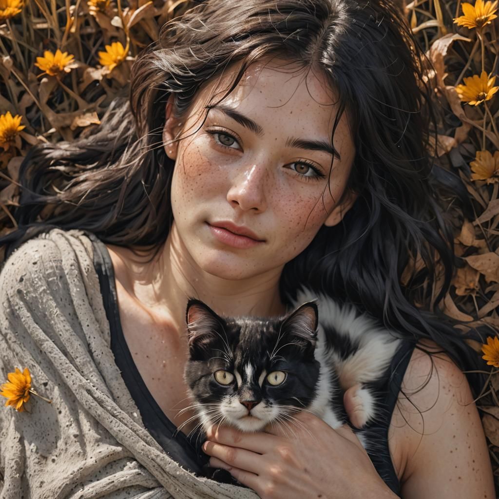 Girl with Kitten in Autumn Prairie Photo