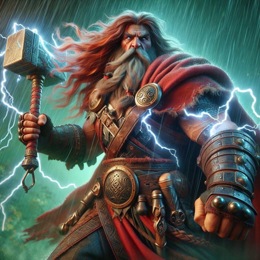 Norse God of Thunder in Stormy Landscape