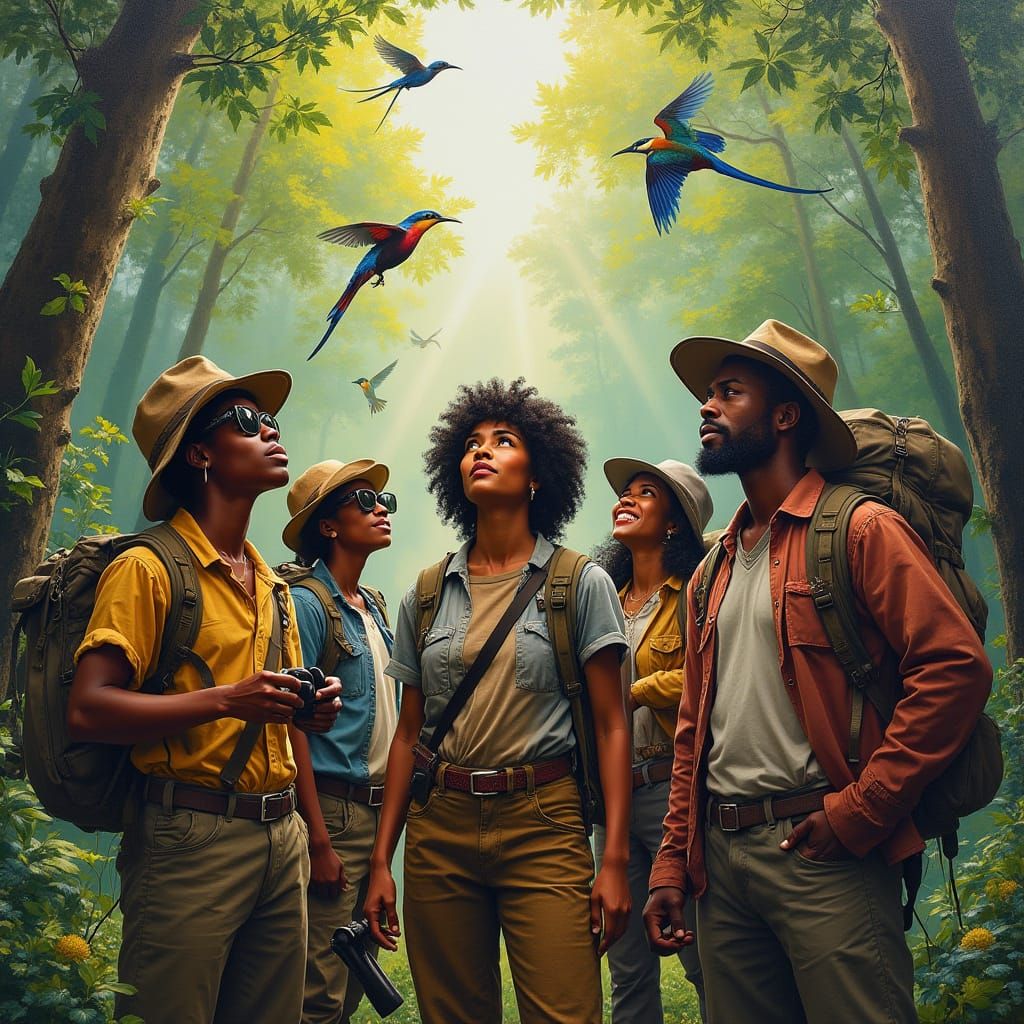 Vibrant Afro American Bird Watchers in a Lush Forest Landsca...