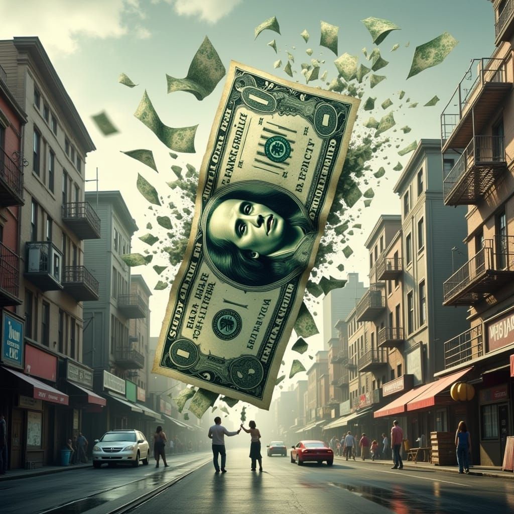 Hyperreal Metropolis: Dollar Bill Crumbles into Dust