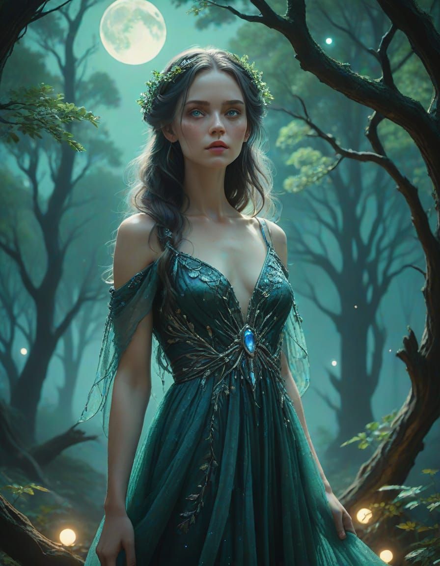 Mystical Woman with Sapphire Eyes, Moonlit Fantasy