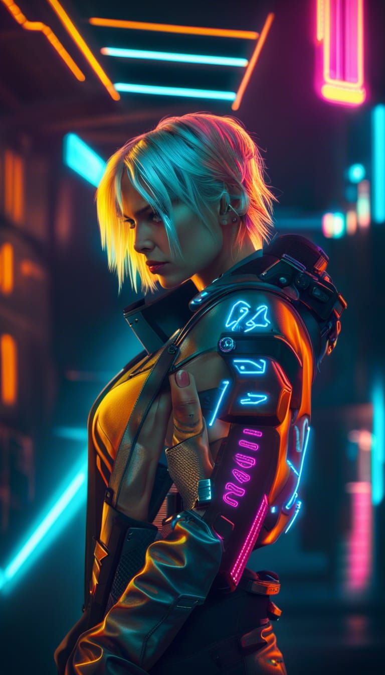 Cyberpunk Beauty in Neon Cityscape