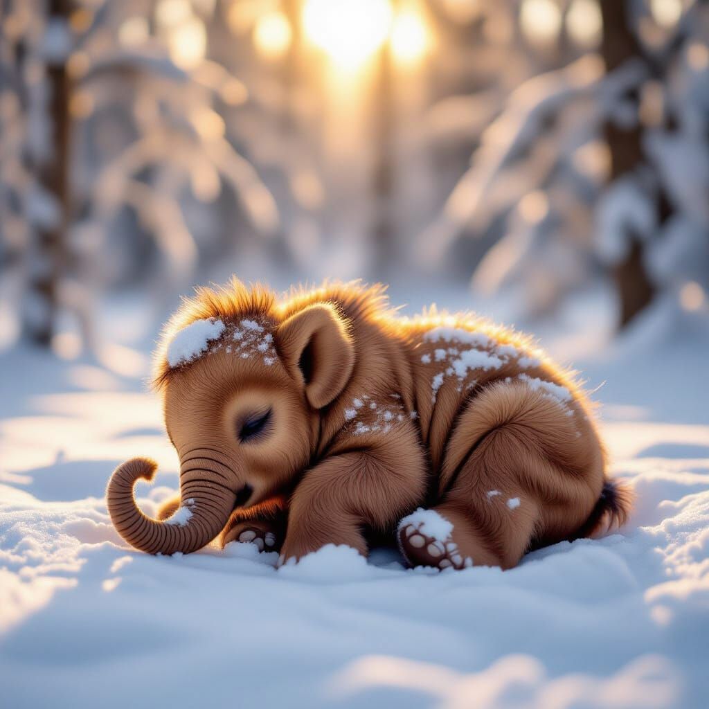 Tiny Baby Mammoth Sleeps in Snowy Forest