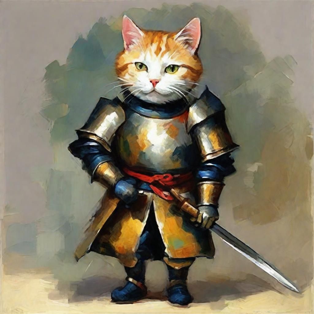 Cat as Brave Knight in Impressionist Style