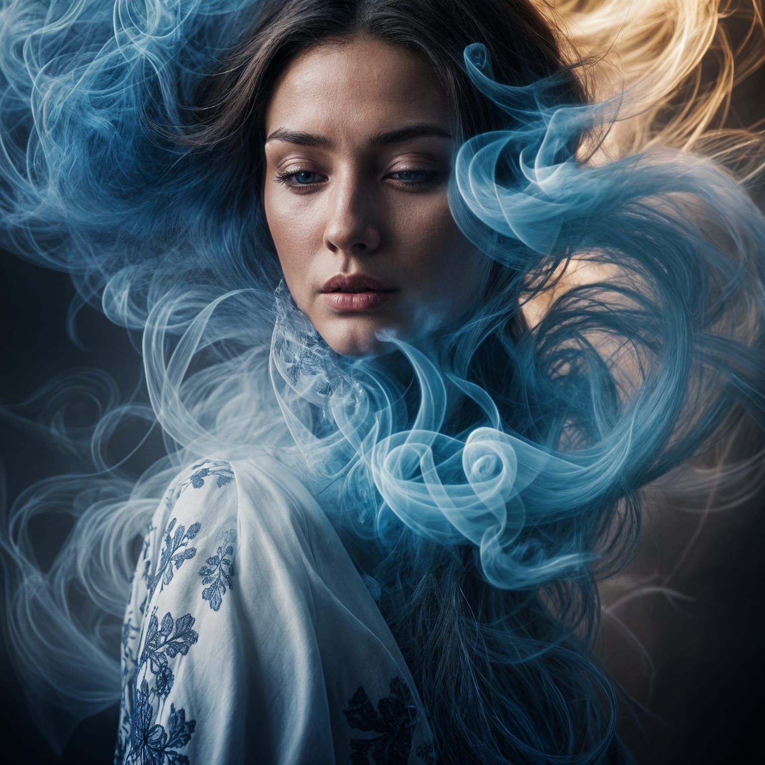 Mesmerizing Woman's Shadow in Blue and White Smoke