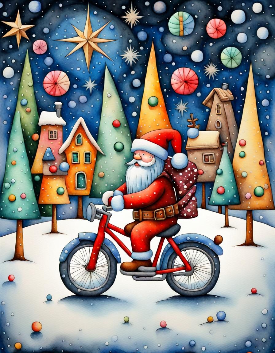 Christmas Biker in Cubist Aquarelle Style