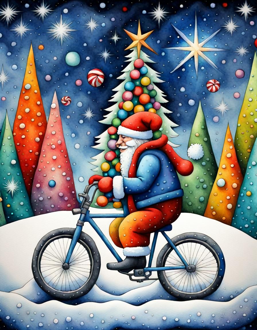 Christmas Biker in Cubist Aquarelle Style
