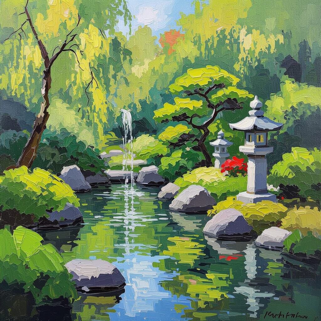 Impasto Painting of a Serene Japanese Garden