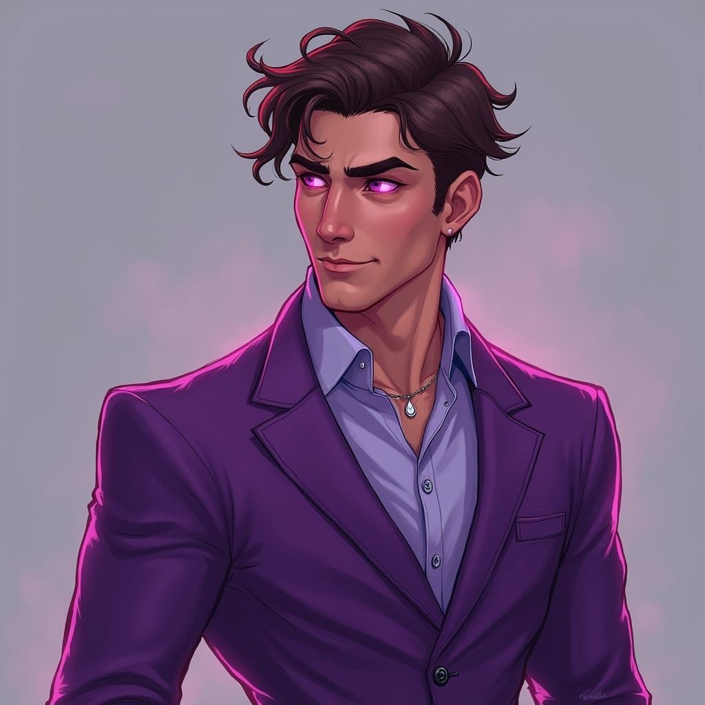 Heroic Gentleman in Vibrant Purple Suit with Hot Pink Eyes