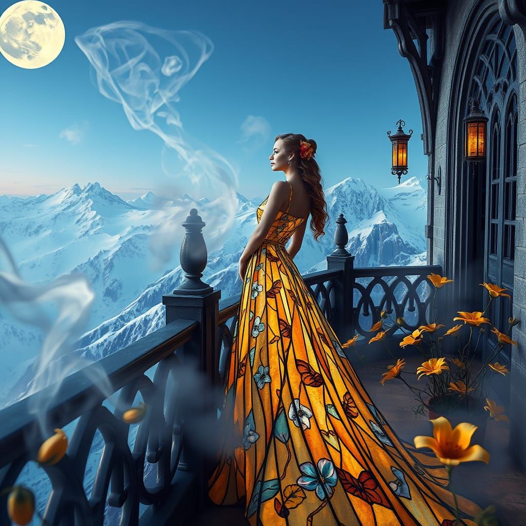 Stained Glass Gown on Castle Balcony