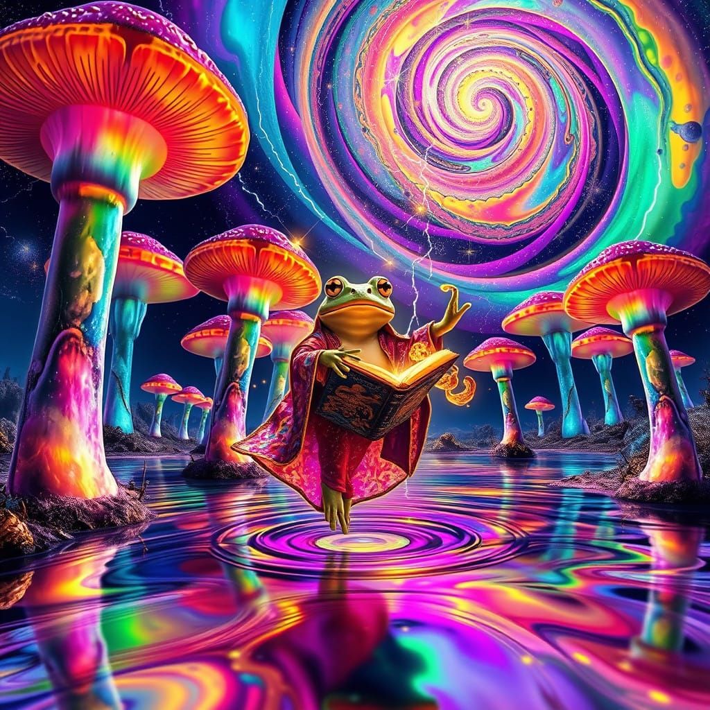 Surreal Frog Goddess in a Psychedelic Landscape of Swirling...