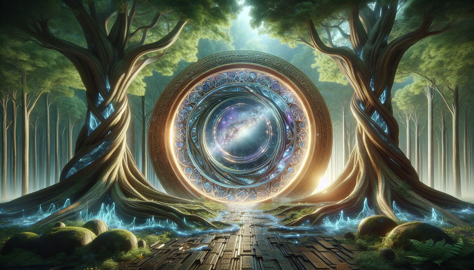 Two massive ancient trees deep in a magical forest framing a...