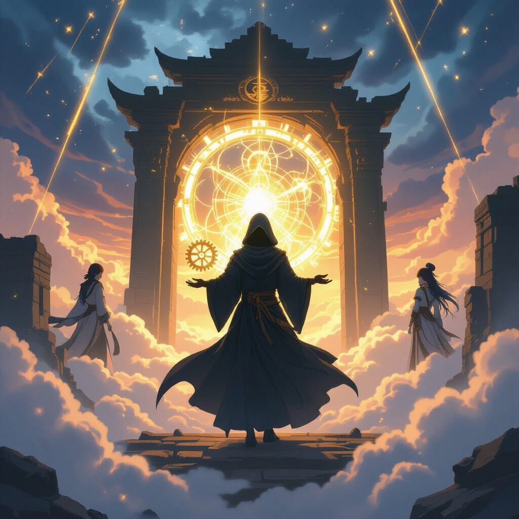 Celestial Temple Ruins with Figure in Anime Style