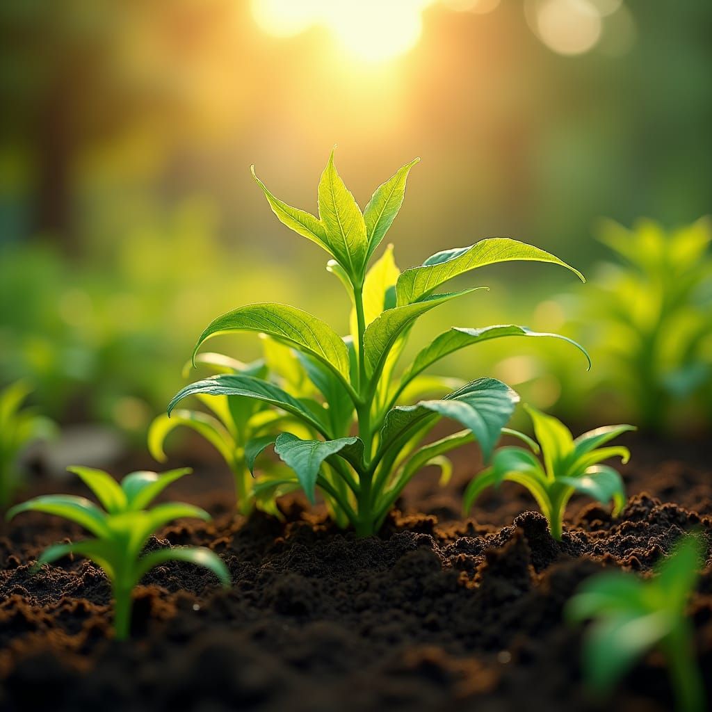 Lush Plant Growth in Golden Light: Cinematic Image