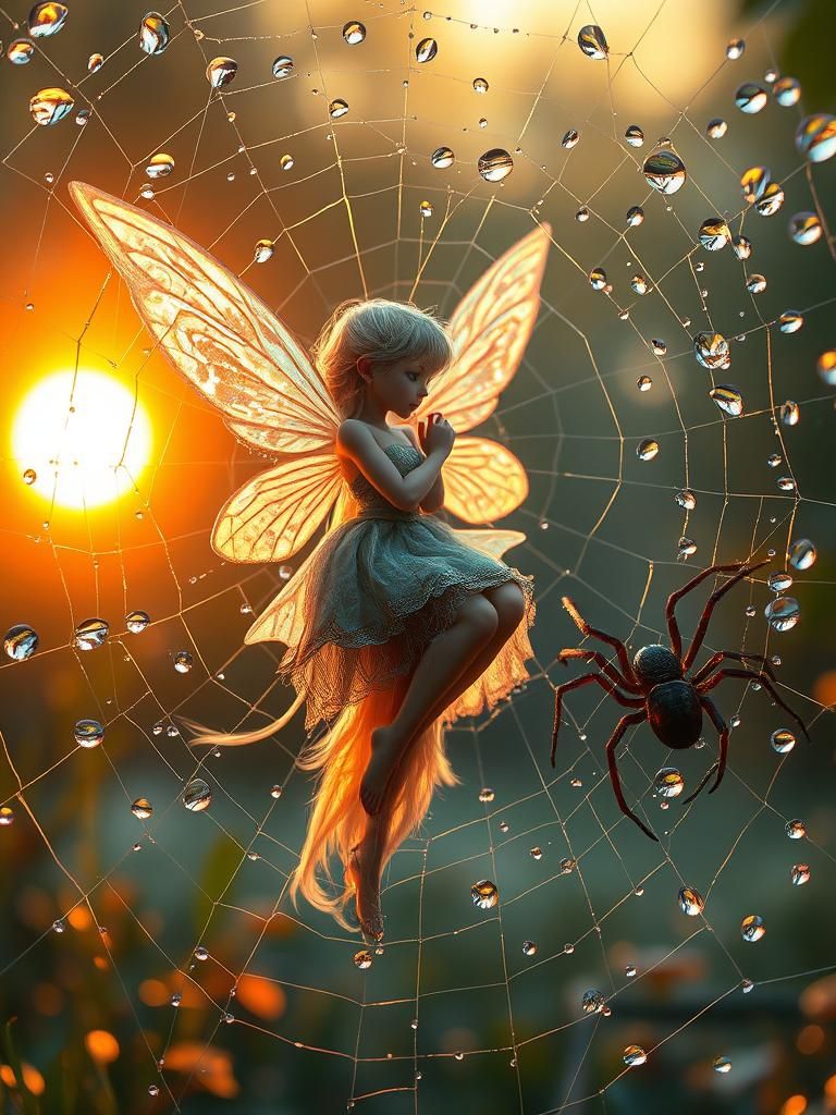 Fairy in Spiderweb Reflecting Sunrise Light