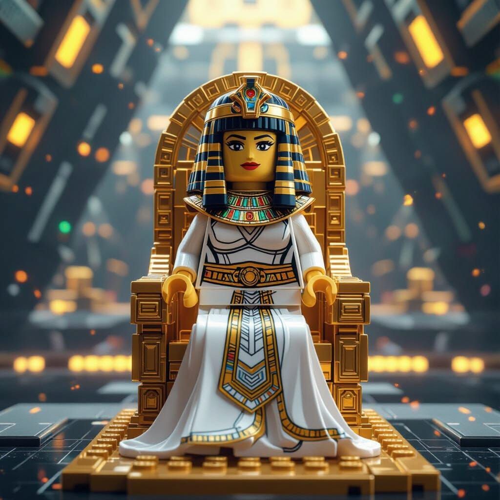 Lego Cleopatra on Golden Throne in Futuristic Pyramid