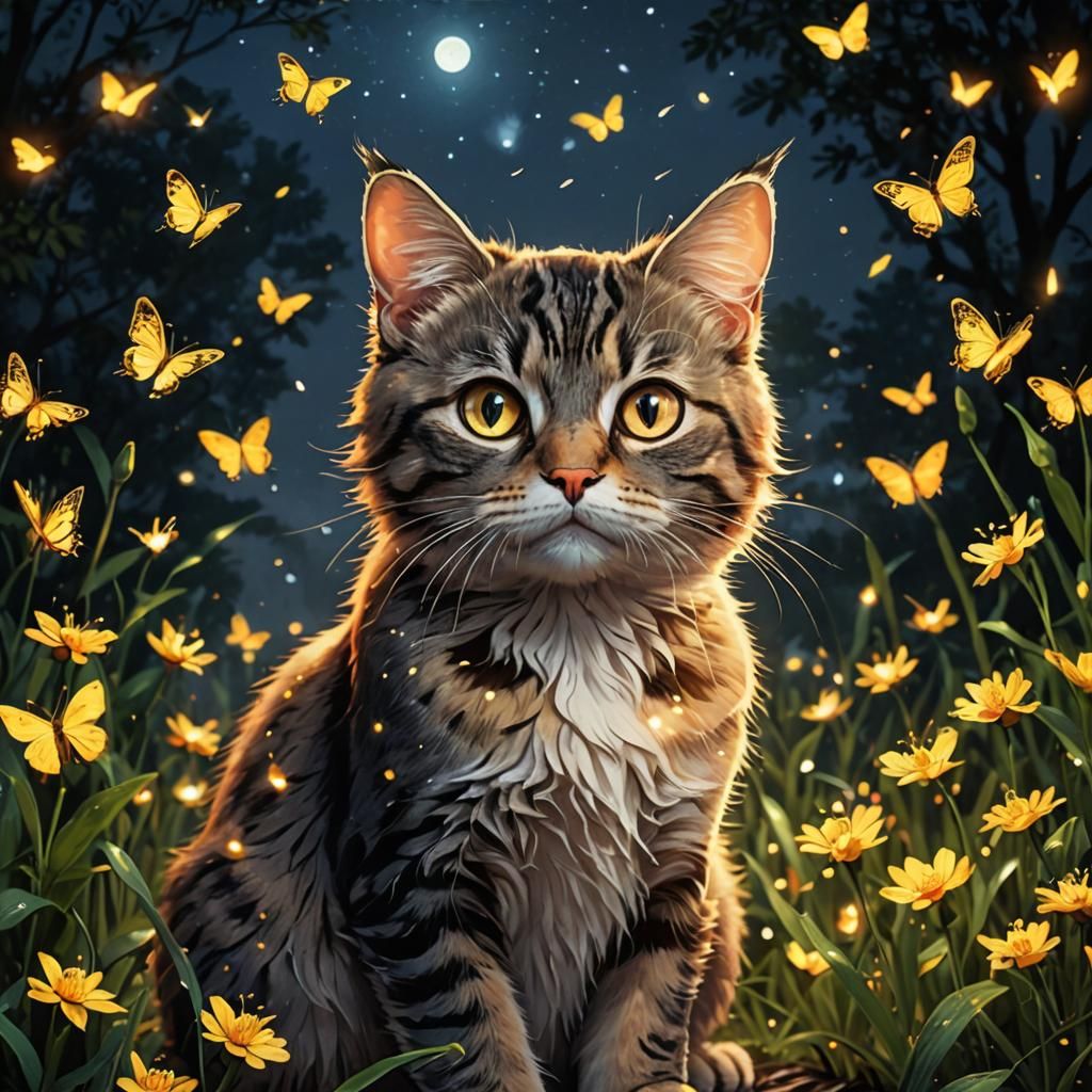 Cat Surrounded by Fireflies in Digital Art