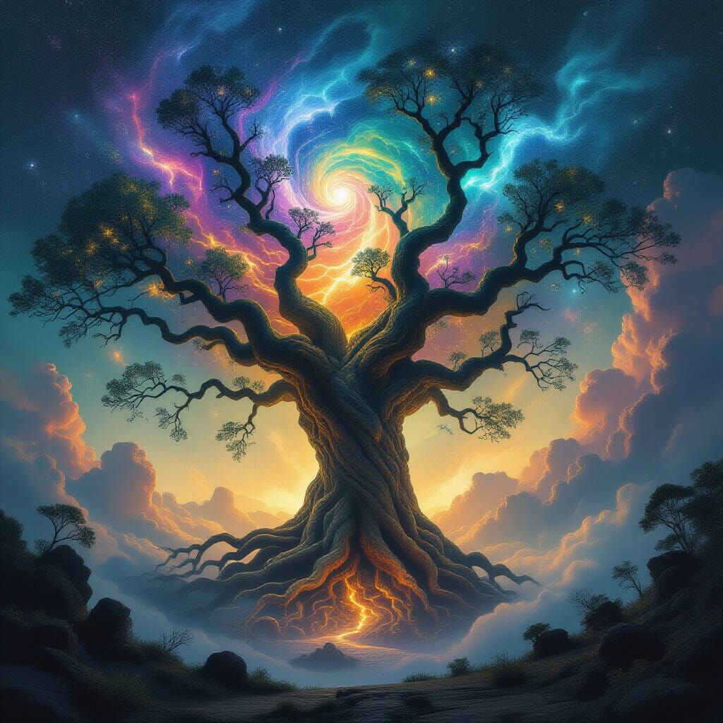 Ancient Cosmic Tree Rooted in Reality, Branching into Nebula