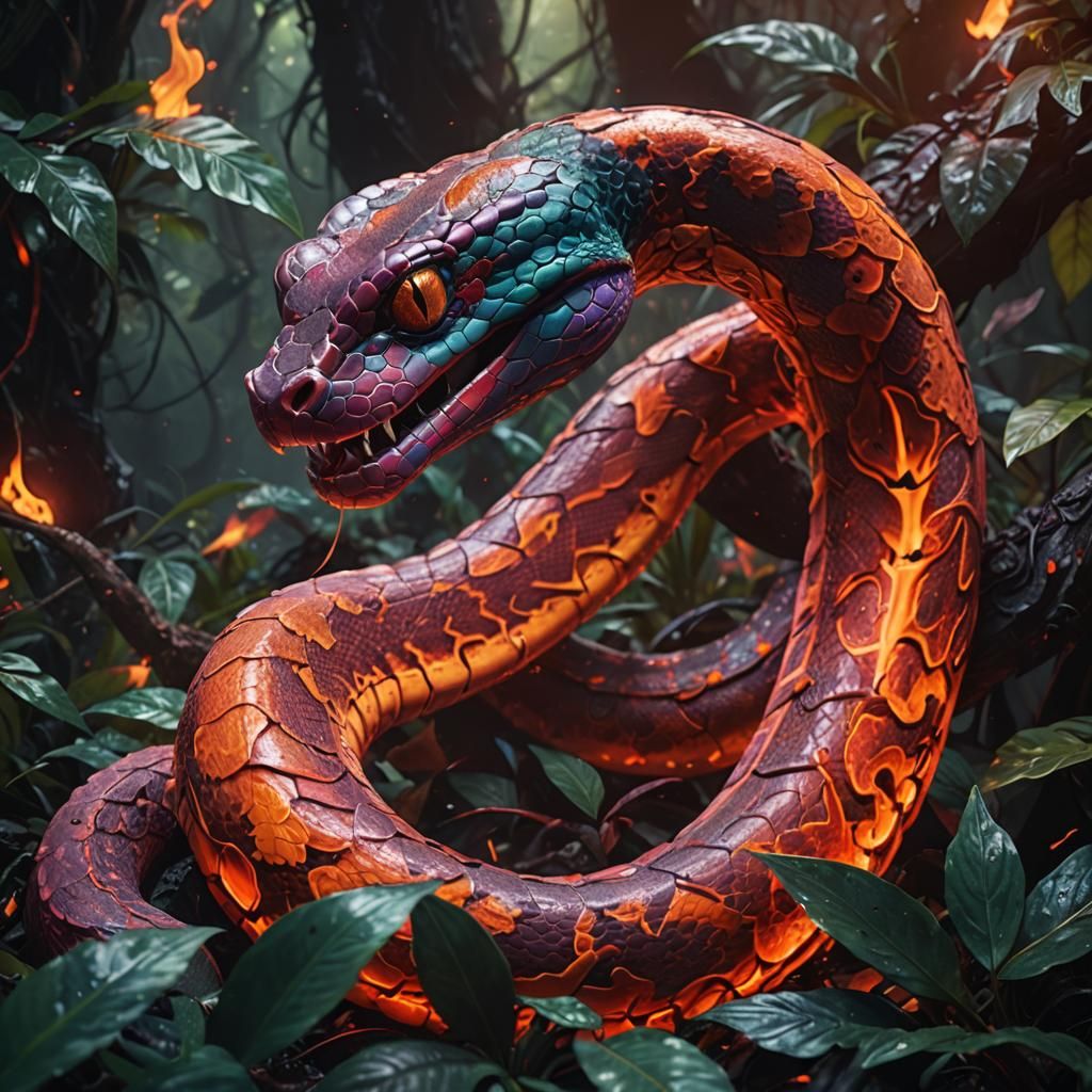 Iridescent Pit Viper Slithers Through Fiery Jungle