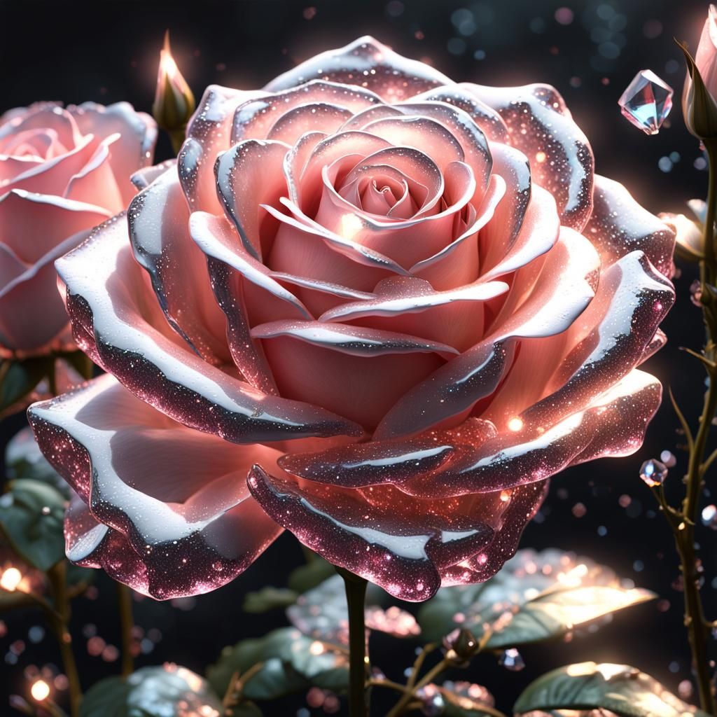 Giant Crystal Rose with Fireflies, Glass Art Render