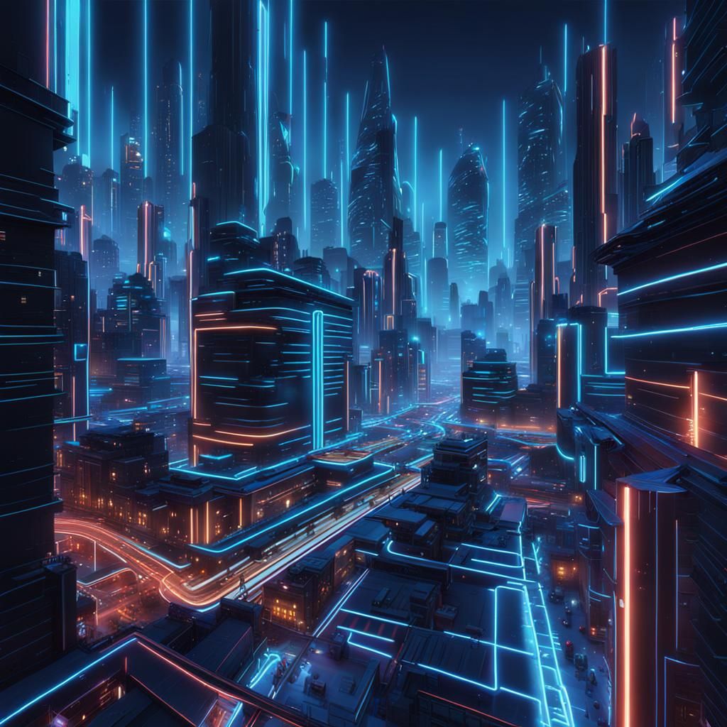 Tron-Style Neon Cityscape in Detailed Matte Painting