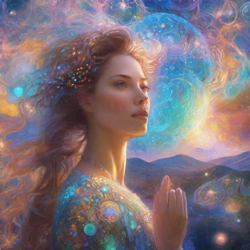 Ethereal Woman Surrounded by Iridescent Orbs, Digital Art