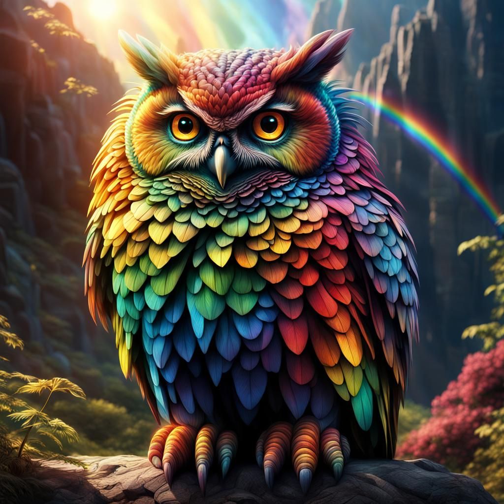 Rainbow Owl Bathed in Sunlight: Digital Matte Painting