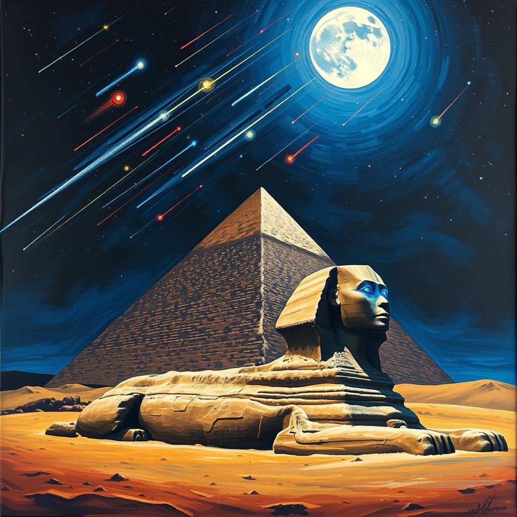 Meteor Shower Over Giza Pyramids and Sphinx in Impasto Style