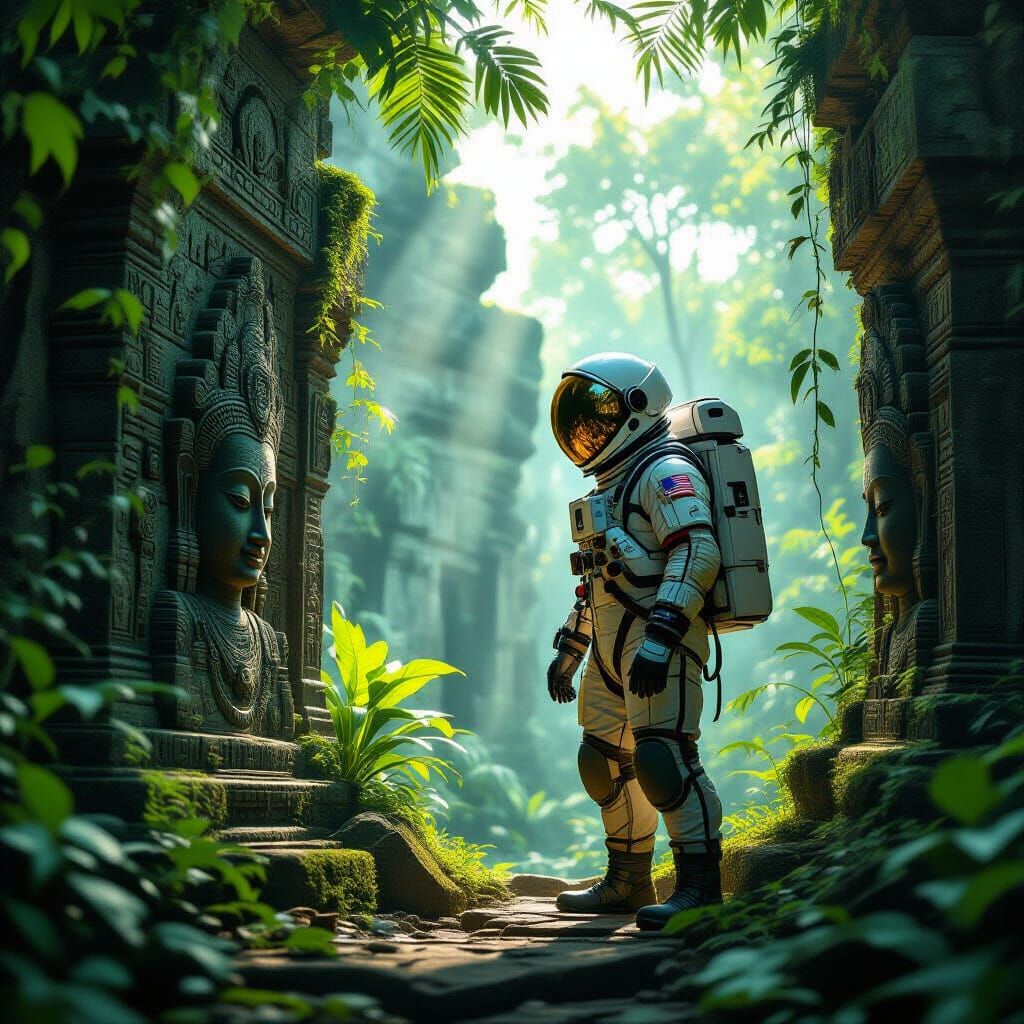 Astronaut Discovering Ancient Temple: Moebius-Inspired Art