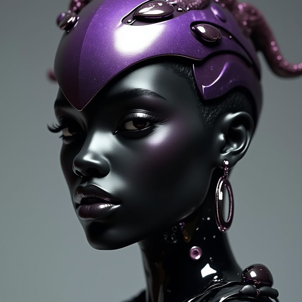 Cyberpunk Woman with Metallic Black Skin and Ombre Crown