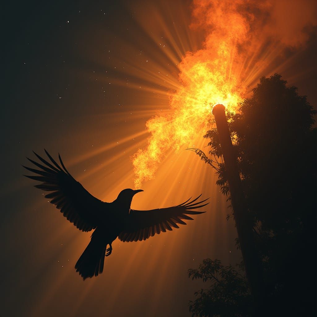Bird Pierces Flaming Wall in Futuristic Moonlight
