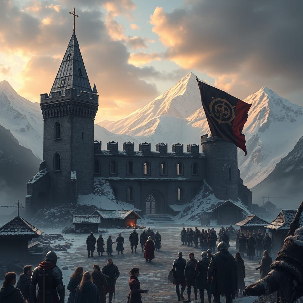 Gothic Castle of Peace in a Snow-Capped Mountain Range