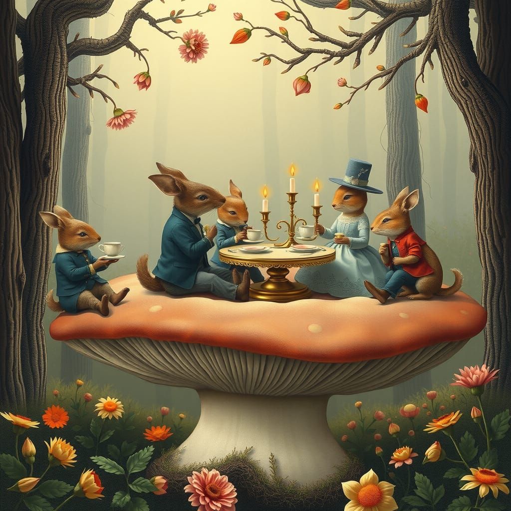 Whimsical Tea Party on a Giant Mushroom Cap