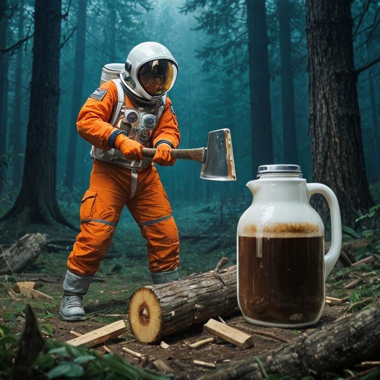 Caffeine Spaceman Chops Wood in Eerie Forest