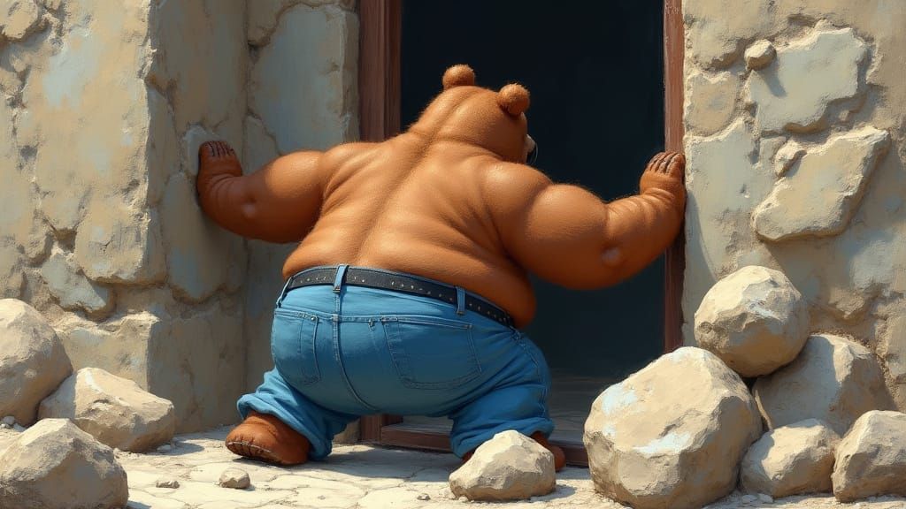 Cartoon Bear Pushing Boulder Door: Renoir Style