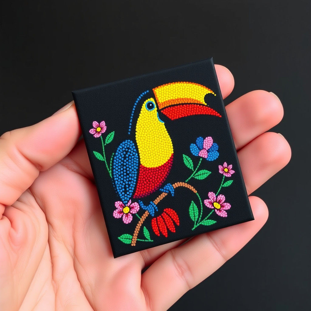 Vibrant Pointillist Toucan Artwork with Stylized Flowers