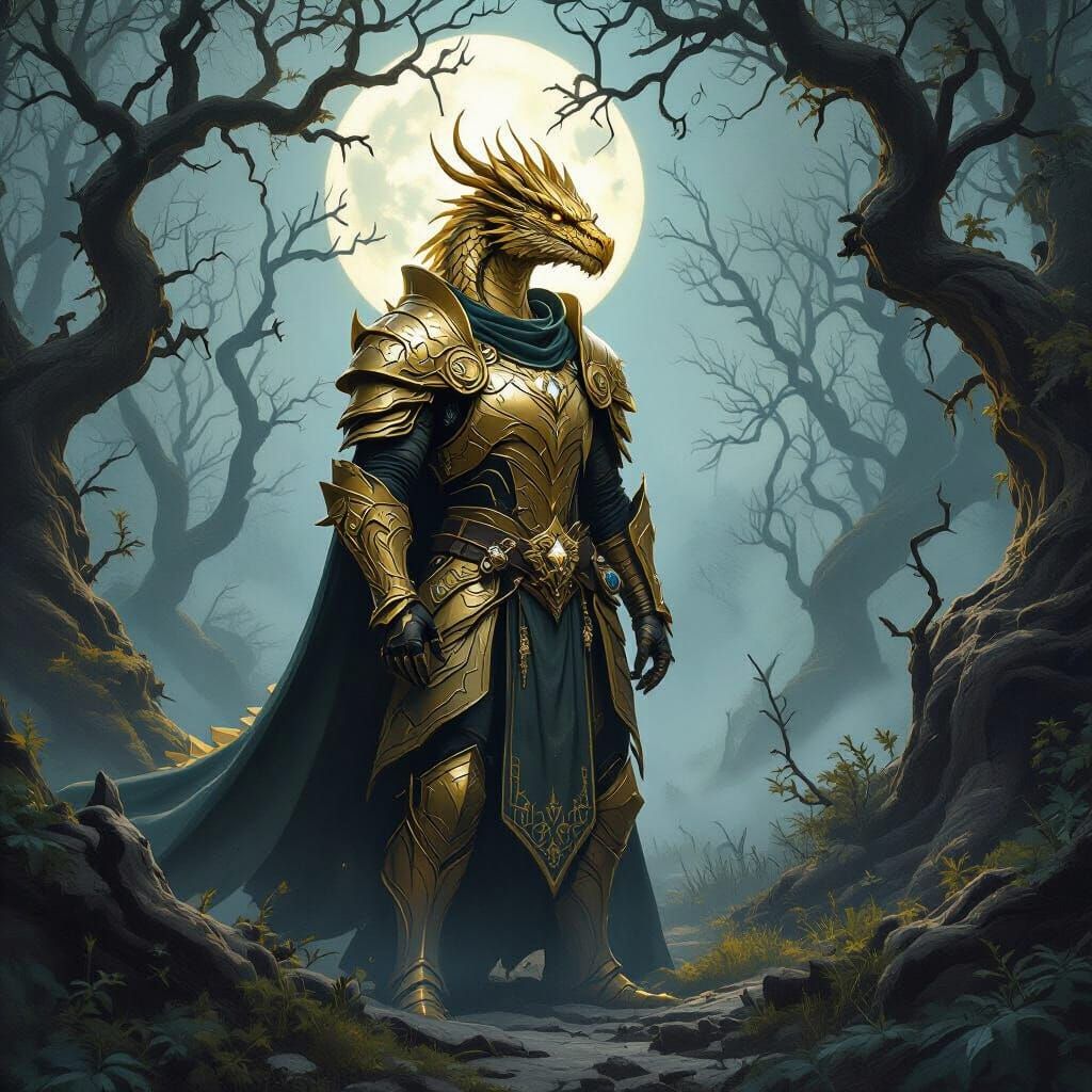 Dragonborn Paladin Guarding Moonlit Forest in Fantasy Style