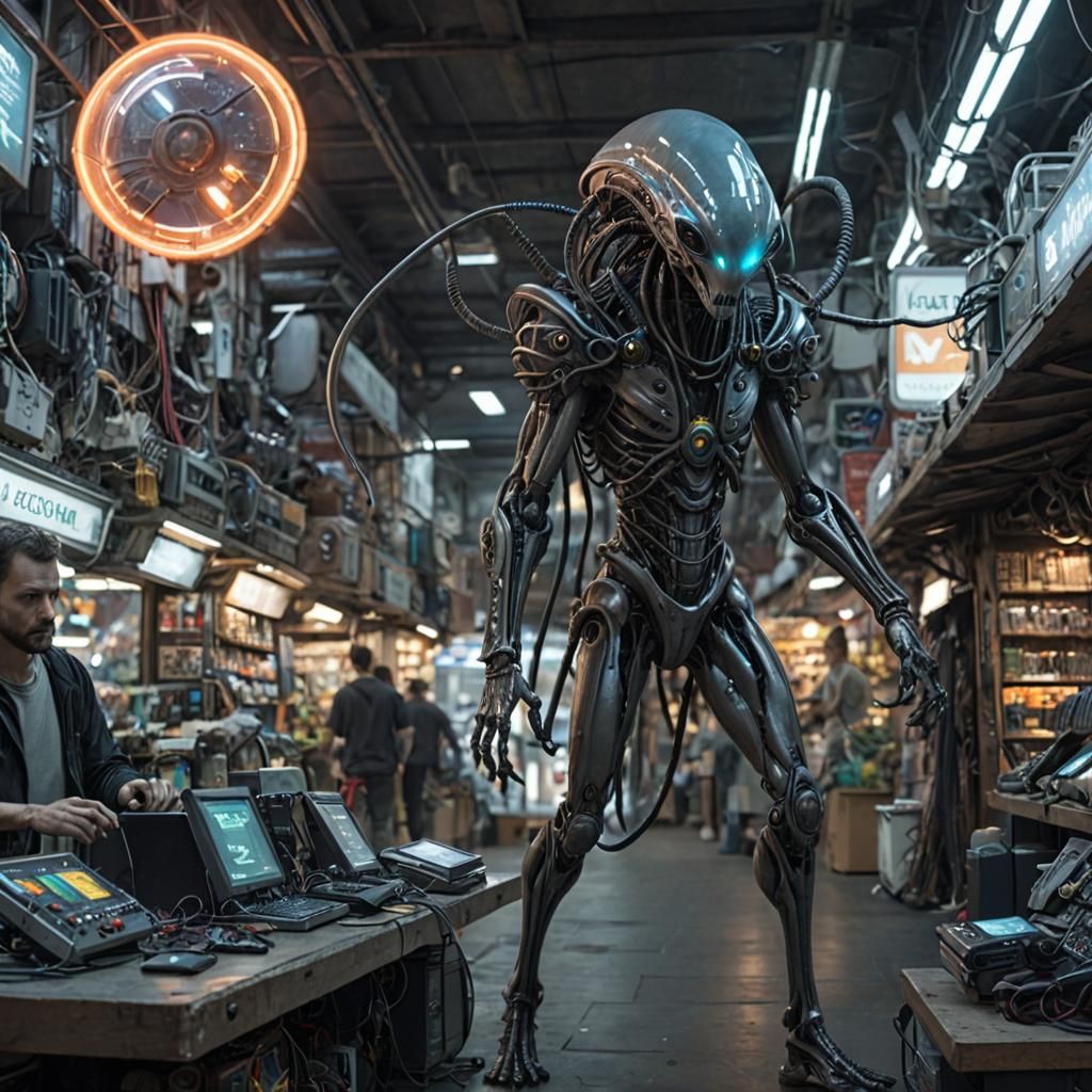 Futuristic biopunk alien wizard exploring electronics marketplace