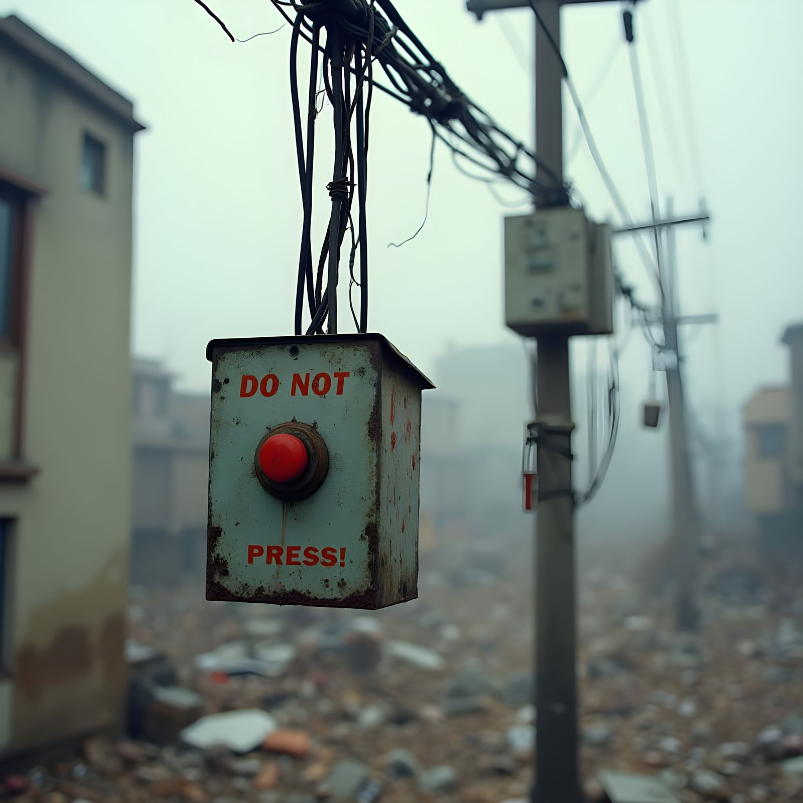 Dangerous Circuit Box Dangles in Ruined Cityscape